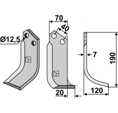 Lame droite 190x70mm pour Fraise/Rotavator DONDI adaptable - Blacksteel©