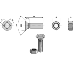 Pflugschraube 608/12x55 12.9 ,mit Sechskantmutter  Europäische EA-Qualität
