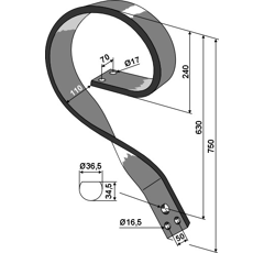 Dents à ressort gauche pour cover-crops courts 750 mm adaptable