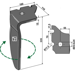 Kreiseleggenzinken rechts 335 mm für Kreiselegge VOGEL & NOOT 40003 Nachbau
