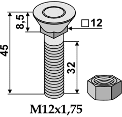 Rübenroderschraube mit Vierkantansatz und Sechkantmutter M12x1,75x45 Europäische EA-Qualität
