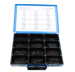 Spannstiftsortiment im Metall Kasten500 Stück, 12 fach sortiertvon  Ø 2mm bis Ø 6mm verschiedene Längen 