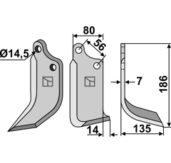 Lame droite 186 x 80 x 7 mm pour Fraise/Rotavator MASCHIO/GASPARDO 02108432 adaptable - Blacksteel©