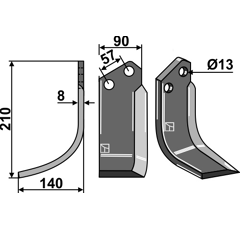 Fräsmesser links 210 x 90 x 140 x 8 mm KONGSKILDE 610768 - Nachbau