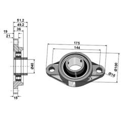 Flanschlager oval UCFL 40 mm für TEHNOS 2-LOCH– Nachbau