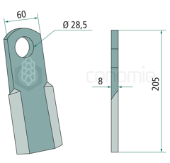 Couteau droit pour broyeur BERTI CD6008F28 adaptable
