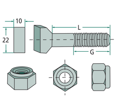Boulon à tête rectangulaire 10x65 avec écrou à  freinage int. 8.8 adaptable - Blacksteel©