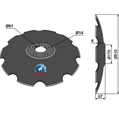Disque crénelé Ø510x6 pour déchaumeur SIMBA P11462 adaptable - Blacksteel©