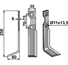 Lame gauche 250 x 35 x 70-75 mm pour Fraise/Rotavator SIMON adaptable -
