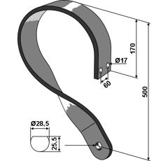 Spire gauche 500 mm pour dent de cultivateur adaptable