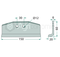 Fléau large 150 x 20 x 60 x 6 mm pour broyeur HUMUS adaptable