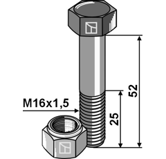 Boulon à tête hexagonale M16x1,5x52 avec écrou à freinage interne adaptable - Blacksteel©