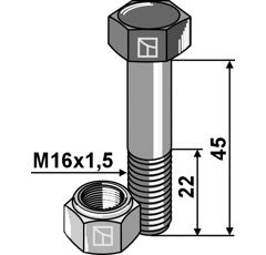 Boulon à tête hexagonale M16x1,5x45 avec écrou à freinage interne adaptable - Blacksteel©