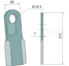 Couteau droit pour broyeur 212x60mm TIERRE adaptable 