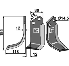 Lame gauche195x80mm pour Fraise/Rotavator MALETTI adaptable 