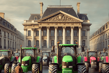 Une photo de tracteurs alignés devant une préfecture, symbolisant la mobilisation des agriculteurs.