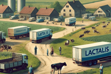 Champs avec des vache et des camions de transport