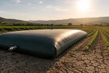 Citerne souple de stockage d'eau agricole installée dans un champ
