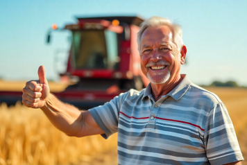 agriculteur content et tracteur en fond