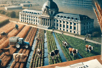 dossier face à paysage rurale et un batiment gouvernementale en fond