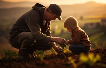 Agriculteur et fils qui plantent