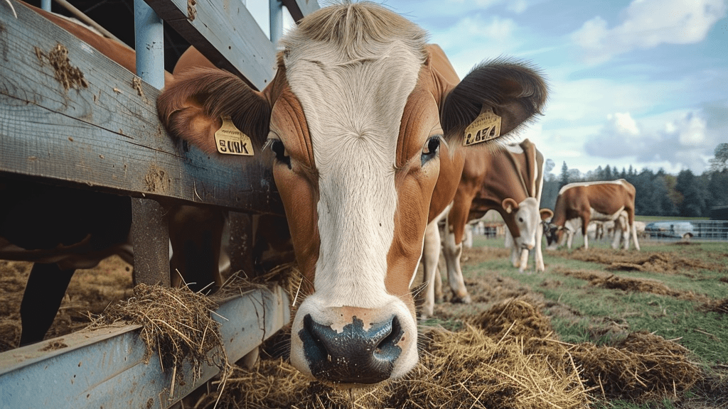 Vache mangeant du foin