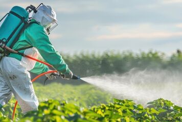 Homme qui pulvérise un champ de glyphosate