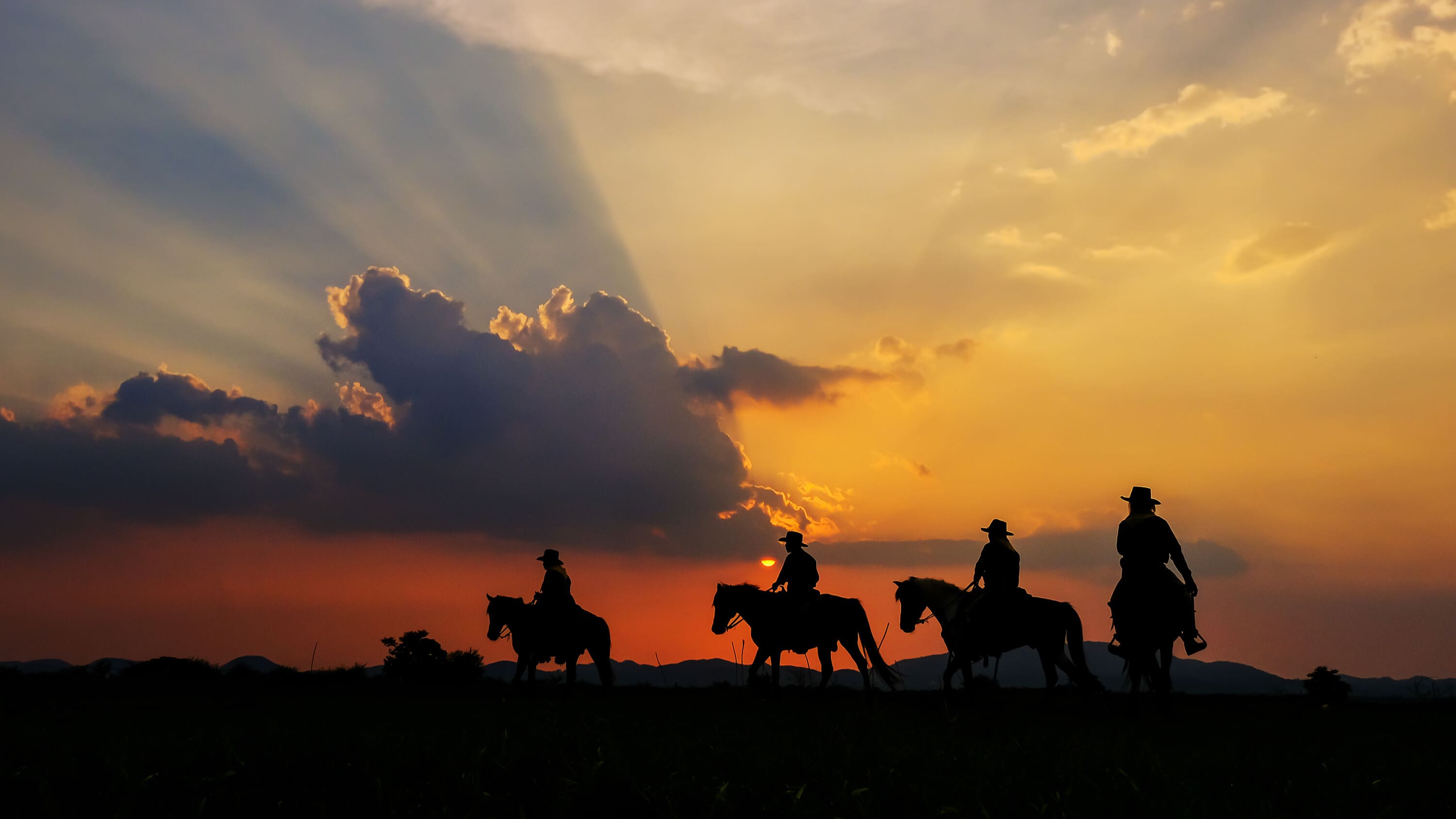 Cowboys au coucher de soleil avec leur materiel d'equitation.