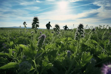 champs de phacélie avec des agriculteurs en arriere plan