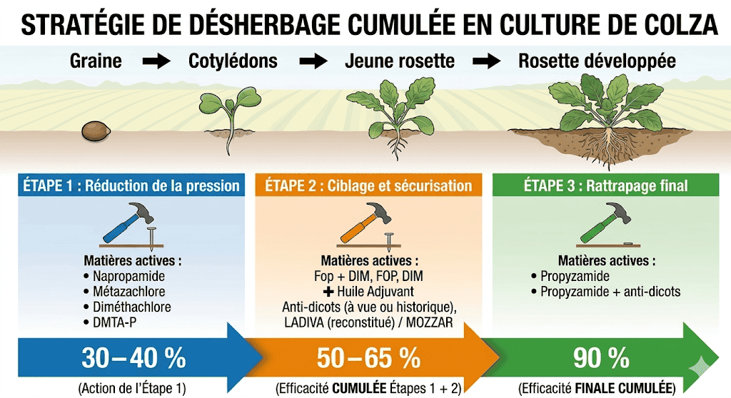 Stratégie de désherbage cumulée en culture de colza en 3 étapes
