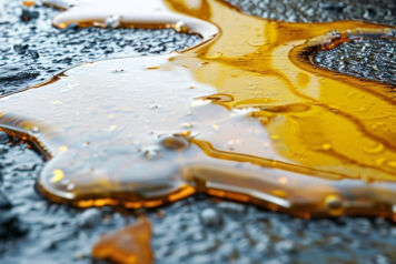 flaque jaune par terre sur un goudron venant d'une voiture